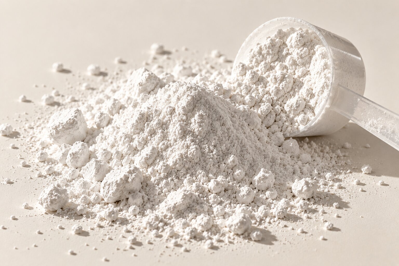 White creatine powder with a tipped scoop