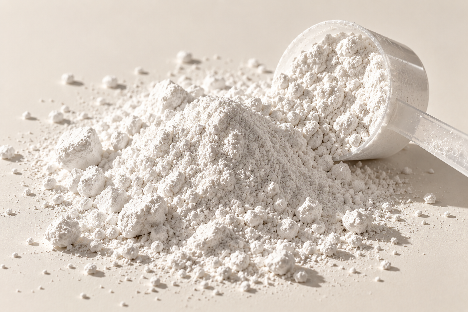 White creatine powder with a tipped scoop