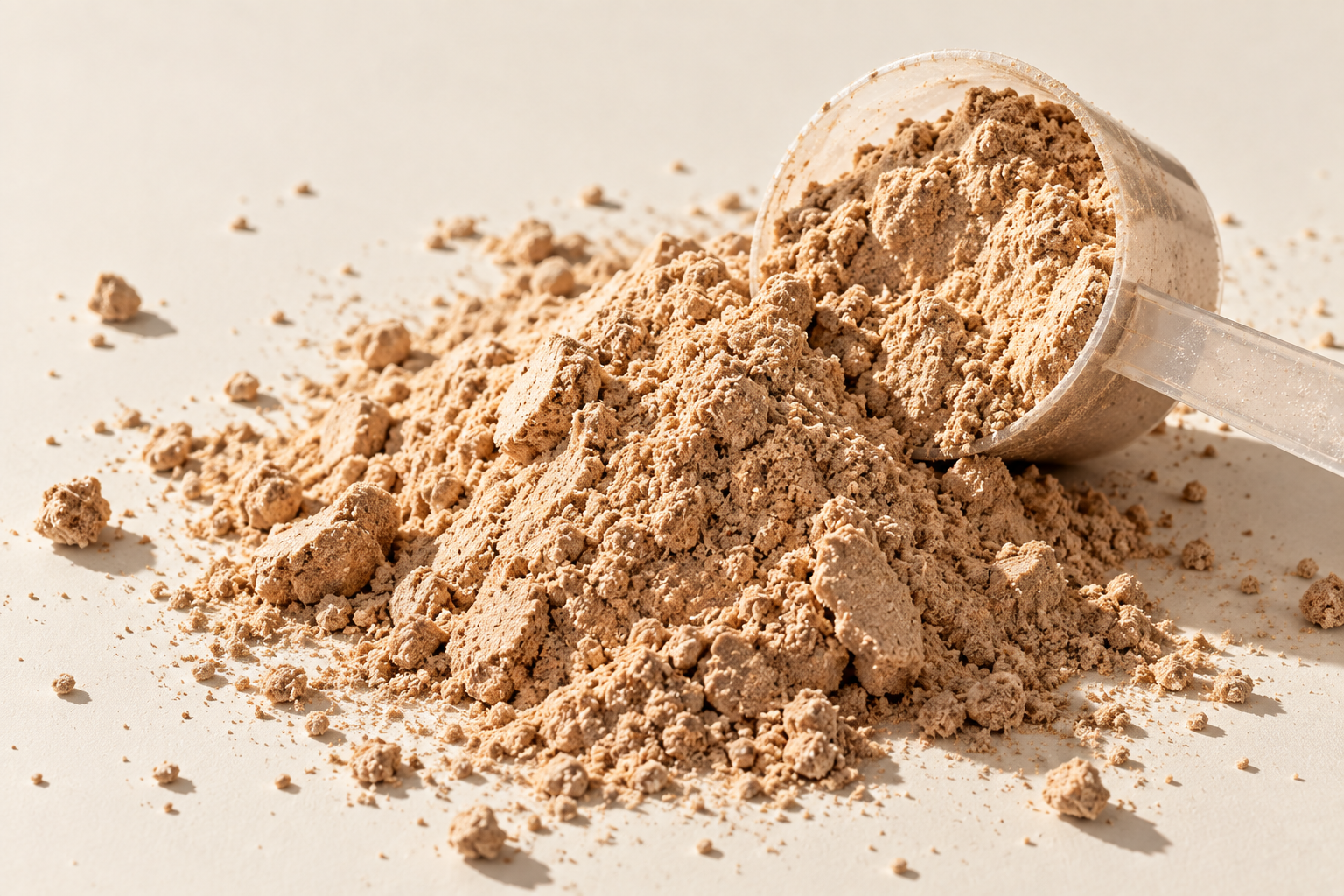 Beige protein powder with a wooden scoop